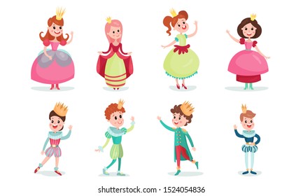 Set Of Vector Illustrations With Young Fairy Princes And Princesses In Crowns Cartoon Characters
