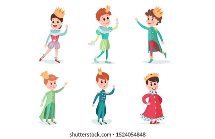 Set Of Vector Illustrations With Young Fairy Princes And Kings Cartoon Characters