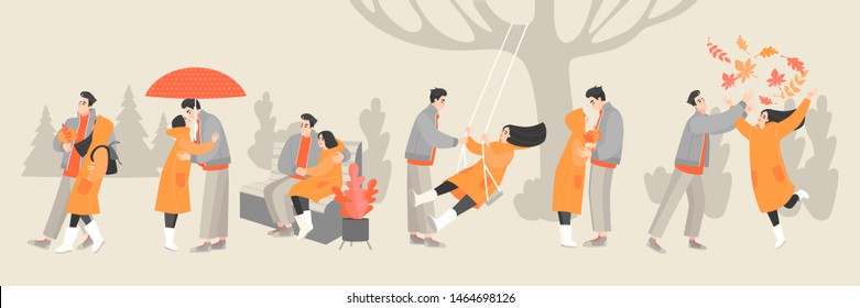 Set of vector illustrations of a young happy couple enjoying an autumn day. Young people spending time in the park, walking in the rain and having fun