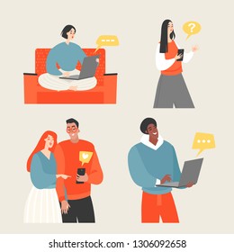 Set of vector illustrations of young people chatting in messenger using phones or laptops. Social networking and communication