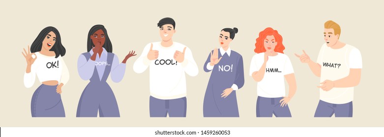 Set of vector illustrations of young people with different emotions and gestures. Isolated characters for presentations or banners