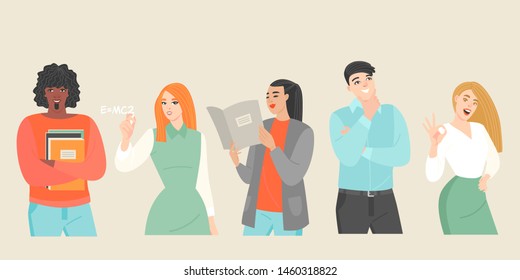 Set of vector illustrations of young people of different nationalities. Group of students