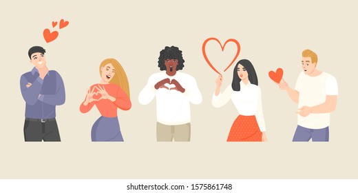 Set of vector illustrations of young people showing hearts with gestures or dreaming of love. Cute characters in a flat style.