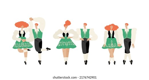 Conjunto de ilustraciones vectoriales de jóvenes bailando bailes irlandeses con vestimenta tradicional. Imágenes de estilo de dibujos animados