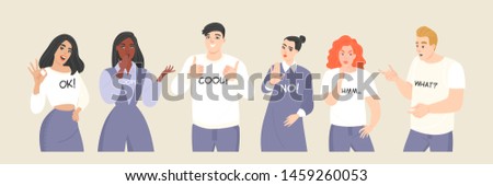 Set of vector illustrations of young people with different emotions and gestures. Isolated characters for presentations or banners