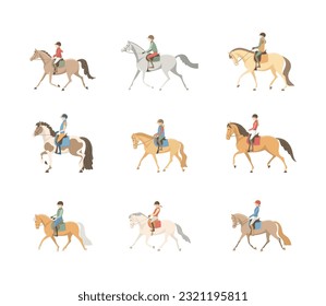 Set of vector illustrations, young riders on horses and ponies