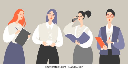 Set of vector illustrations of young secretaries at work with documents and coffee