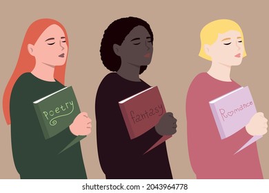 Set of vector illustrations of young women with books in their hands. Poetess with a book of poetry. African American woman reads fantasy. A romantic blonde lady with a volume of a novel