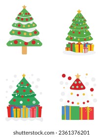 Set of vector Illustrator Christmas trees, cartoon tree icons, flat 2D icons, nature shapes, winter and Christmas festivals.