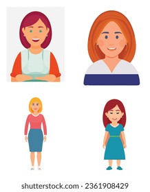 Set of vector illustrator women, people cartoon icons, flat 2d icons of office worker, family and home.
