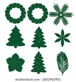 Set of vector illustrators of leaves of tropical various plants, palms, banana, coconut, monstera
