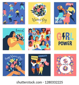 Set of vector illusttation. 8 march, International Women's Day. Feminism concept template design.