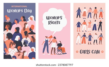 Conjunto de ilusiones vectoriales. 8 de marzo, Día Internacional de la Mujer. Diseño conceptual del feminismo. Plantillas vectoriales para tarjetas, carteles, volantes y otros usuarios.