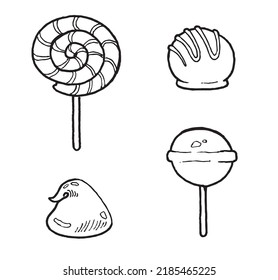 set vector image of candy: lollipops and chocolate truffles, black and white graphics, symbol for stickers, coloring