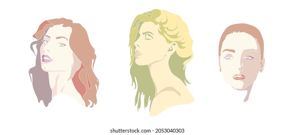Establecer. Imagen vectorial de niñas sin contorno. El arte de la línea facial. Para la moda y el diseño.