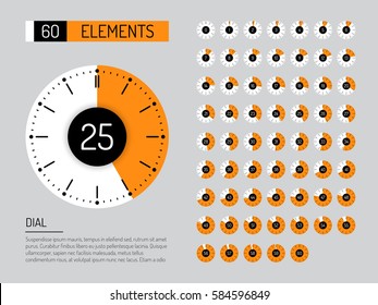 Set vector image of minimalistic clock dial white with black ticks time, different shapes of round and square, isolated on background. The timer is divided into 60 parts