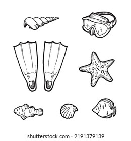 set vector image of a snorkel and sea shells and fish, black and white graphics in the style of a sketch on the theme of summer holidays, for embossing and coloring, sticker, logo, tag