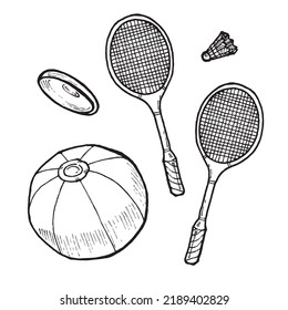 set vector image of summer games: badminton, inflatable ball and frisbee, black and white graphics in the style of a sketch on the theme of summer holidays, for embossing and coloring, sticker, logo, 