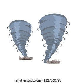 Set vector image of two destructive tornado. Vector illustration of a cartoon two destructive whirlwinds of tornado isolated on white background. The concept of climate threat to the population