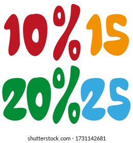 Conjunto de imágenes vectoriales 10, 15, 20, 25% de descuento en un fondo blanco. Dibujos aislados.