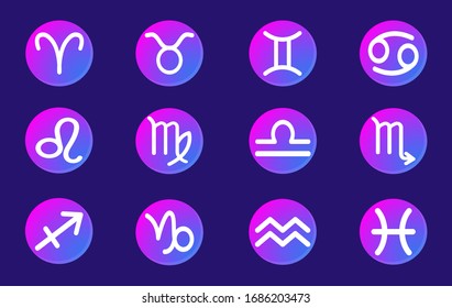 Imágenes vectoriales Los 12 símbolos zodiacos consisten en Aries, Taurus, Gemini, Cáncer, Leo, Virgo, Libra, Scorpio, Sagittarius, Capricornio, Aquarius, Pisces. Cada símbolo tiene un color de diseño en un tono galáctico.