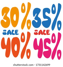Set of vector images 30, 35, 40, 45% discount on a white background. Isolated drawings.