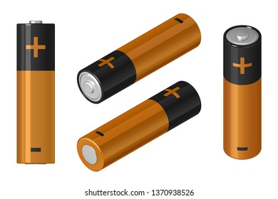 A set of vector images of AA batteries in isometric view and front view isolated on white background.