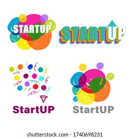 Conjunto de imágenes vectoriales de círculos coloridos abstractos dibujados por lápices, pinturas y pinturas a mano. Inicio de inscripción de texto. Plantilla de logotipo para el inicio de proyectos, empresariales, humanitarios, creativos y culturales.