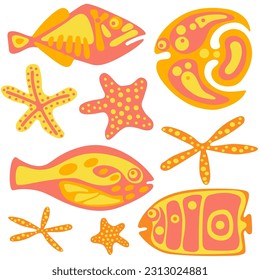 
set with vector images of abstract fish and starfish