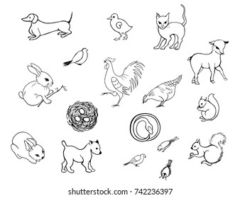 Set of vector images of animals and birds. Set for embroidery and coloring. Sketch ink.