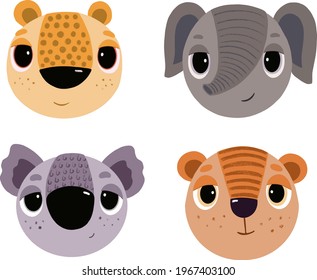 Set of vector images with animals leopard, elephant, koala and tiger