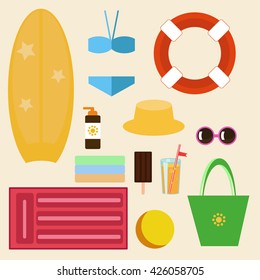 set of vector images - beach accessories: towels, bag, inflatable mattress, rubber ring, suntan, orange juice, hat, sunglasses, ice cream, swimsuit, surfboard