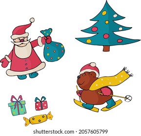 Set of vector images  with a bear, deer, tiger,  and Santa Clous, Christmas tree, gifts. hand-drawn .with congratulations and text , Can be used as stickers 