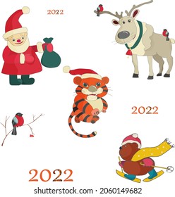 Set of vector images with a bear, snowbird, deer, tiger and Santa Clous, Christmas tree, gifts. hand-drawn .with congratulations and text , Can be used as stickers