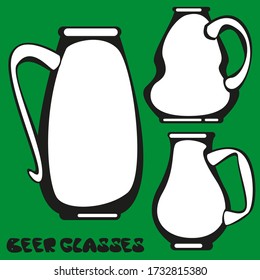 Set of vector images of beer glasses on a green background. Isolated drawings.