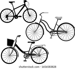 Set of vector images of bicycles. Sketch, engraving, fashion design. Vector illustration of a road bike silhouette. Environmentally friendly mode of transport. Healthy lifestyle.