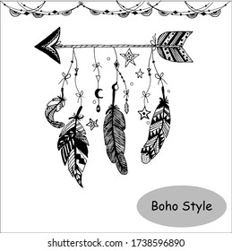 Conjunto de imágenes vectoriales de plumas de aves y elementos en el boho de estilos