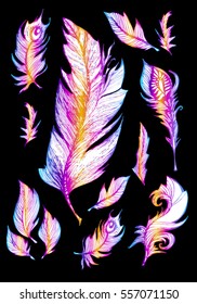 
set of vector images of birds feathers, poster, greeting card for the holiday, printing on T-shirt, mug, Covers for notebooks, sketch, hand-drawn illustration multicolor on a black background, art