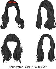 Set of vector images of black hairstyles For women with long black hair