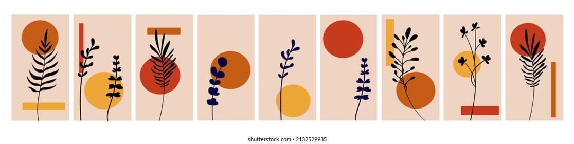 Stellen Sie Vektorbilder von botanischen Plakaten ein. Zeichnung der Blattlinie im Boho-Stil mit abstrakter Form. Minimalistisches Blumendesign für Druck, Deckel, Tapeten, Banner, Büro