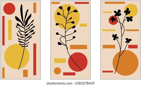 Set vector images of botanical posters. Boho foliage line drawing. Minimalistic floral design for print, office, painting, interior.