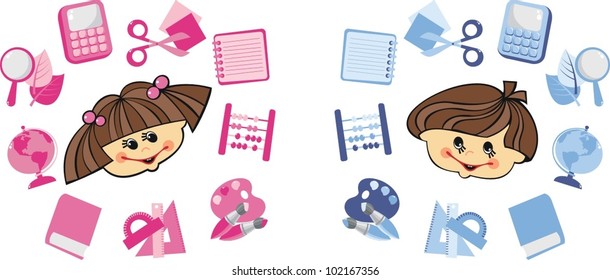 A set of vector images. The boy and girl around school subjects