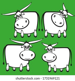 Set of vector images of bulls on a green background. Symbol of 2021. Isolated drawings.