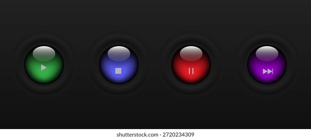 Conjunto de Imágenes vectoriales de Botones (reproducir, pausar, apagar, rebobinar y vaciar el Botón) azul con un efecto de vidrio