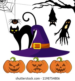 Set of vector images by a holiday Halloween. Pumpkin, black cat, hat of the witch, bat, spider and the ghost on a white background. Halloween symbols. October 31. Vector color illustration.