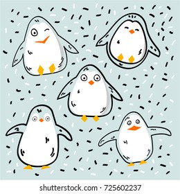 
Set of vector images of cartoon penguins on a blue background. can be used as a print, sticker or picture for a greeting card.