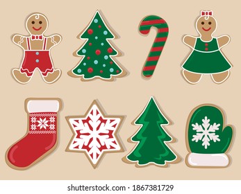 Set of vector images of Christmas gingerbread. Gingerbread is decorated with colored glaze. Homemade Christmas pastries.