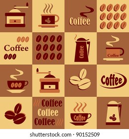 set of vector images of coffee on a checkerboard background in shades of brown