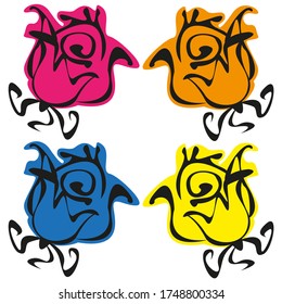 Set of vector images of colorful roses on a white background. Isolated color illustration.
