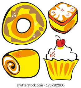 Conjunto de imágenes vectoriales de confección de donut, pasteles y rodar sobre un fondo blanco.Dibujos aislados.